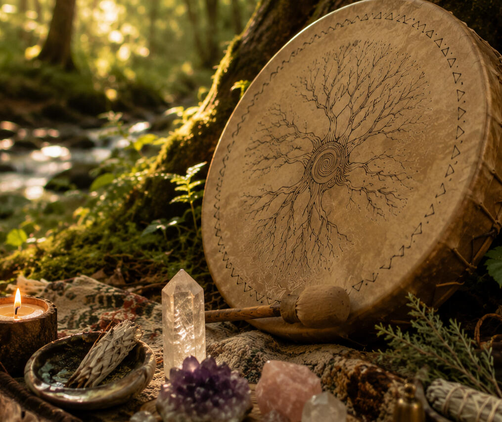 Sacred Shamanic Drum Shamanic drum surrounded by crystals, sage and candles in a peaceful woodland setting